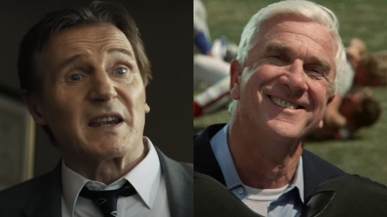 Liam Neeson pictures in discussion in The Naked Gun (2025), pictured next to a smiling Leslie Nielsen in The Naked Gun: From the Files of Police Squad! 