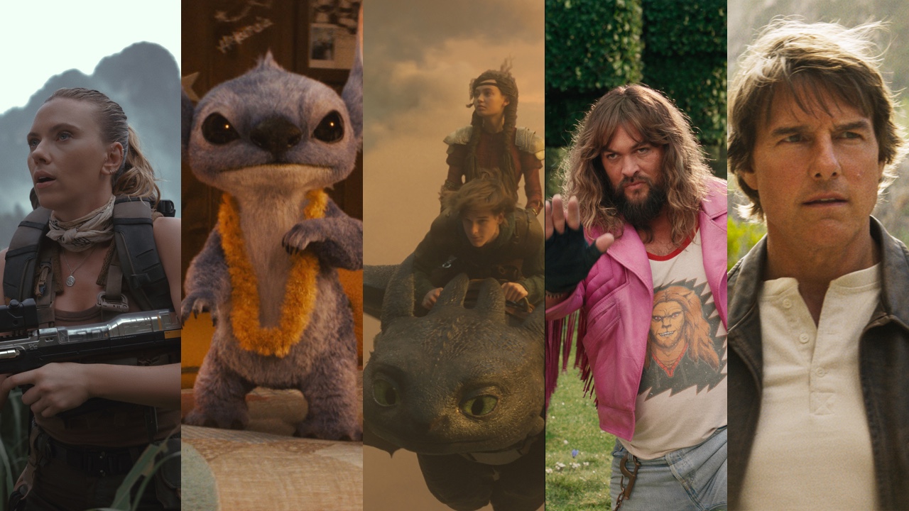 Scarlett Johansson in Jurassic World Rebirth, Lilo & Stitch, How To Train Your Dragon, Jason Momoa in Minecraft and Tom Cruise in Mission: Impossible - The Final Reckoning side-by-sides 