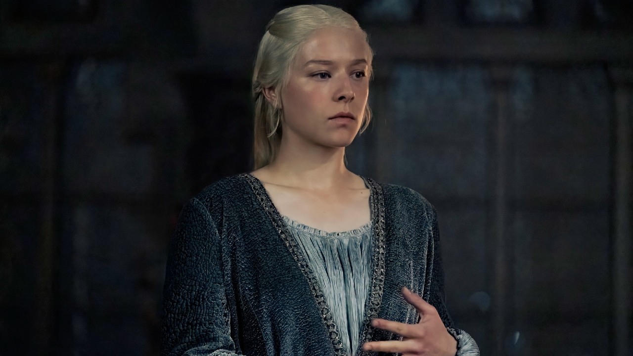 Emma D'Arcy holding her hands together and looking into the distance in House of the Dragon.