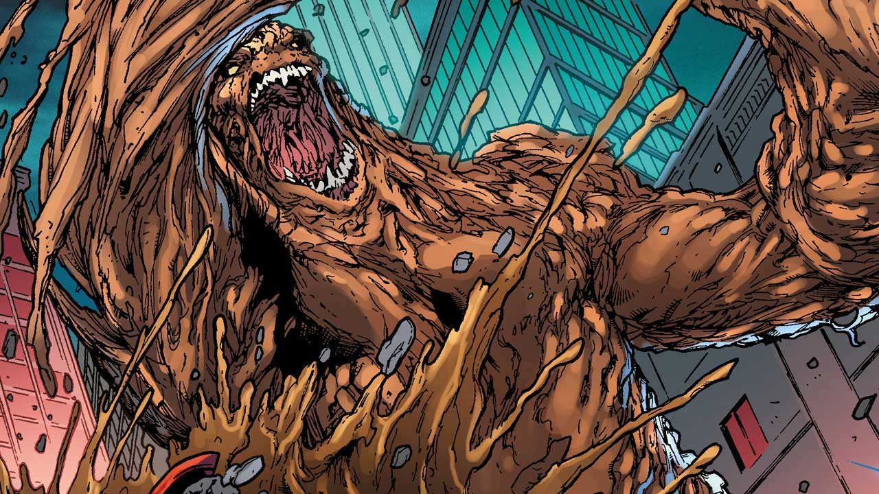 DC Comics artwork of Clayface, looking massive and destructive through Gotham city, in Batman comics.
