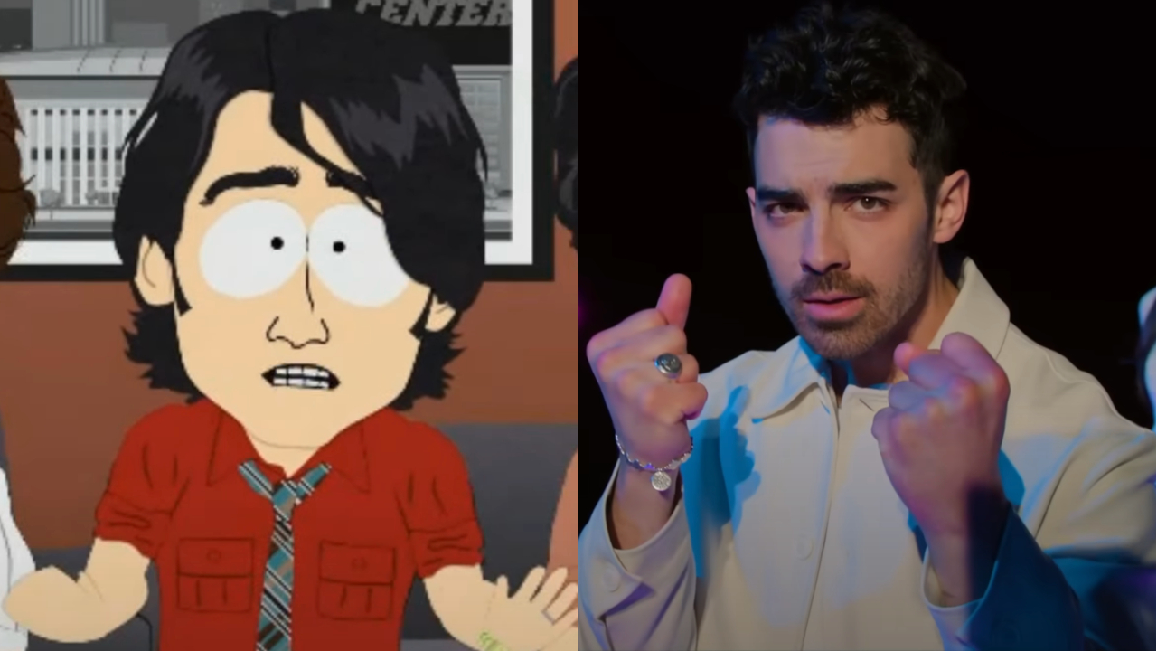 An animated Joe Jonas raising his hands in concern in South Park S13 E1 &quot;The Ring,&quot; pictured next to the real Joe Jonas in SNL S50 E16.