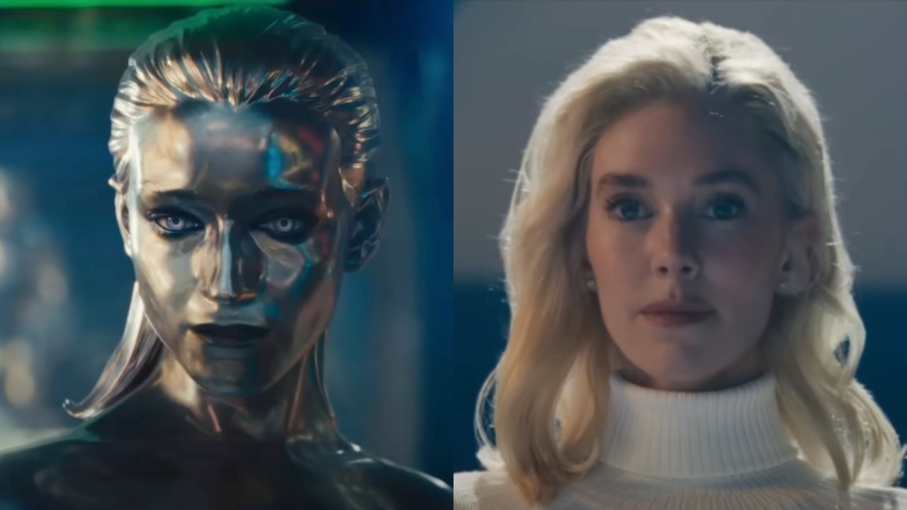 From left to right: Julia Garner as Silver Surfer and Vanessa Kirby as Sue Storm in The Fantastic Four: First Steps. 