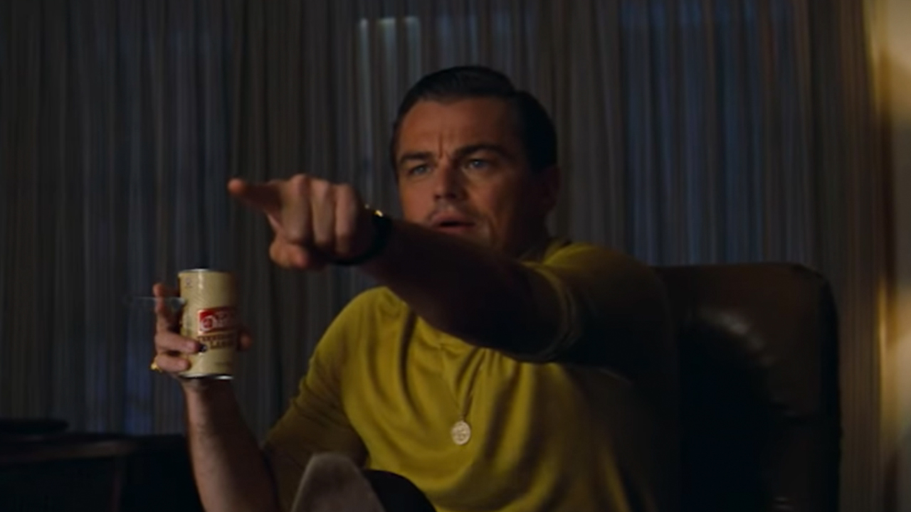 Leonardo DiCaprio pointing at a TV in Once Upon A Time In Hollywood