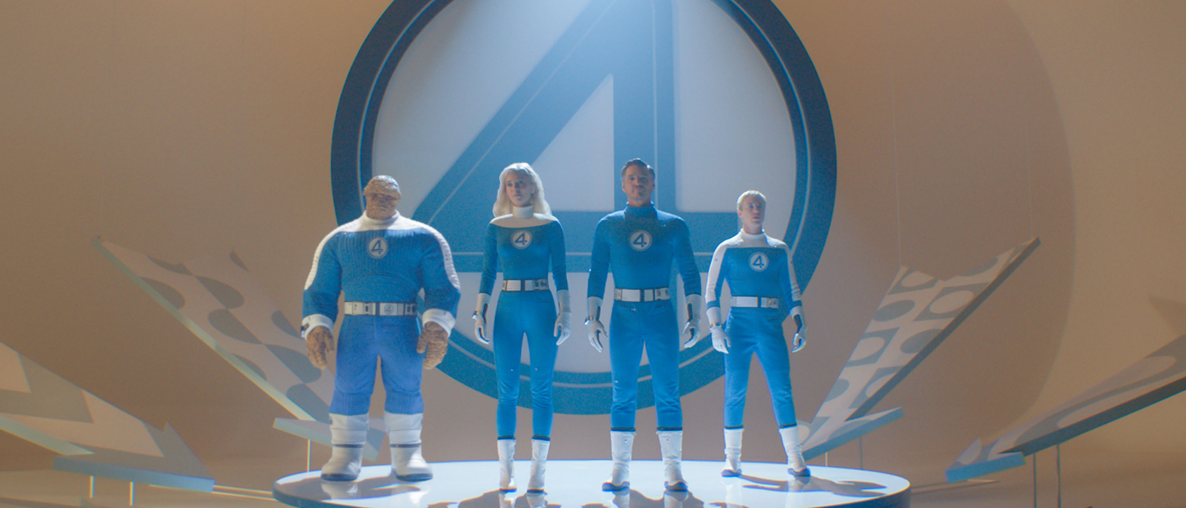 Ebon Moss-Bachrach as Ben Grimm/The Thing, Vanessa Kirby as Sue Storm/Invisible Woman, Pedro Pascal as Reed Richards/Mister Fantastic and Joseph Quinn as Johnny Storm/Human Torch in The Fantastic Four: First Steps