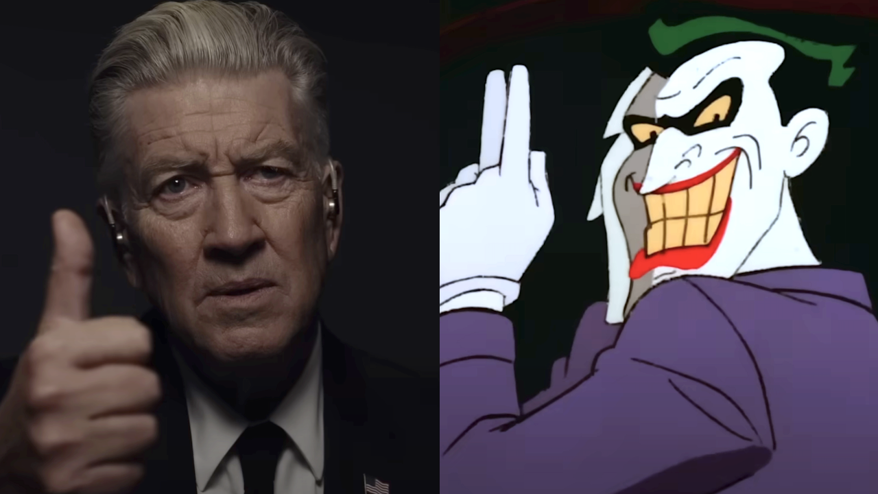 Side by side: David Lynch's Gordon giving thumbs up in Twin Peaks: The Return, Batman: The Animated Series' Joker pointing up in front of a mirror
